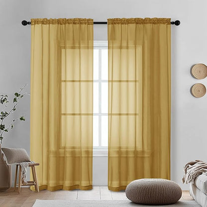 Gold Sheer Curtains 78 Inches Long 2 Panels by OVZME