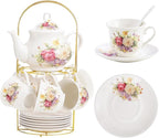 20-Pieces Porcelain Tea Sets For Women, Tea Set For Adult with Golden Metal Rack,Tea Gift Sets for Home&Party(012)
