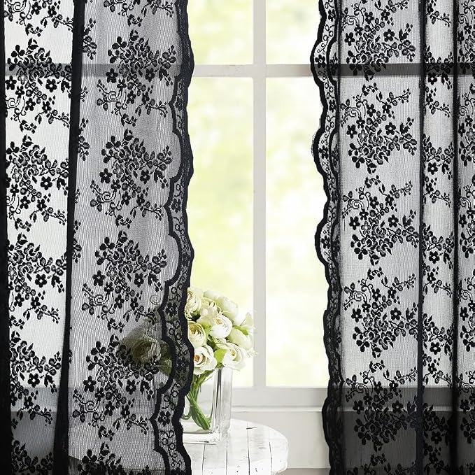 YJ YANJUN Vintage Lace Curtains 45 Inch Length-Victorian Dark Floral Pattern - Image 2