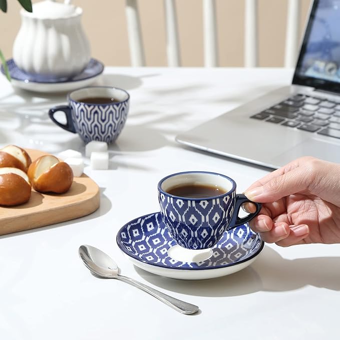 Selamica Ceramic 2 oz Espresso Cups, Small Expresso Coffee Cup Set with Saucers, Porcelain Mini Demitasse Cups for Latte Mocha Tea, Set of 6, Vintage Blue