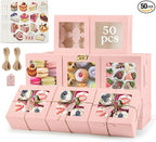 OAMCEG 50 Pack Cookie Boxes with Window, 6x6x3 Inches Pink Cupcake Boxes, Bakery Treat Boxes with Stickers & Twine for Pastry, Desserts, Strawberries, Cupcakes, Gift Giving