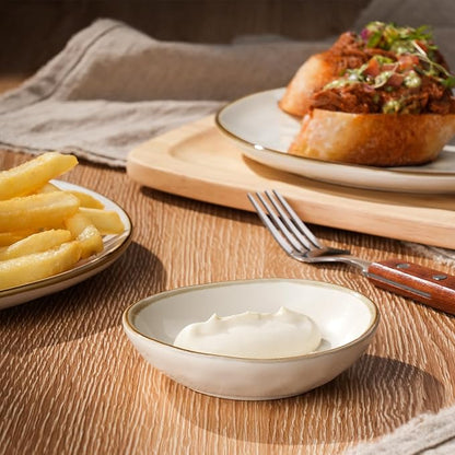 famiware Ocean Soy Sauce Dishes of 6, Oval Dipping Sauce Cups/Bowls/Dishes for Kitchen, 2.1oz Ceramic Small Bowls for Side Dish, Appetizers, Snacks, and Sushi, Dishwasher Safe, Vanilla White