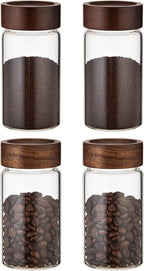 Large Glass Coffee Jars, Round Storage Canister with Wooden Lid Clear Glass Food Jar for Pantry Sugar Tea Coffee Bean Spice Nuts Cookies Bath Salts (4×250ml(8.4oz))