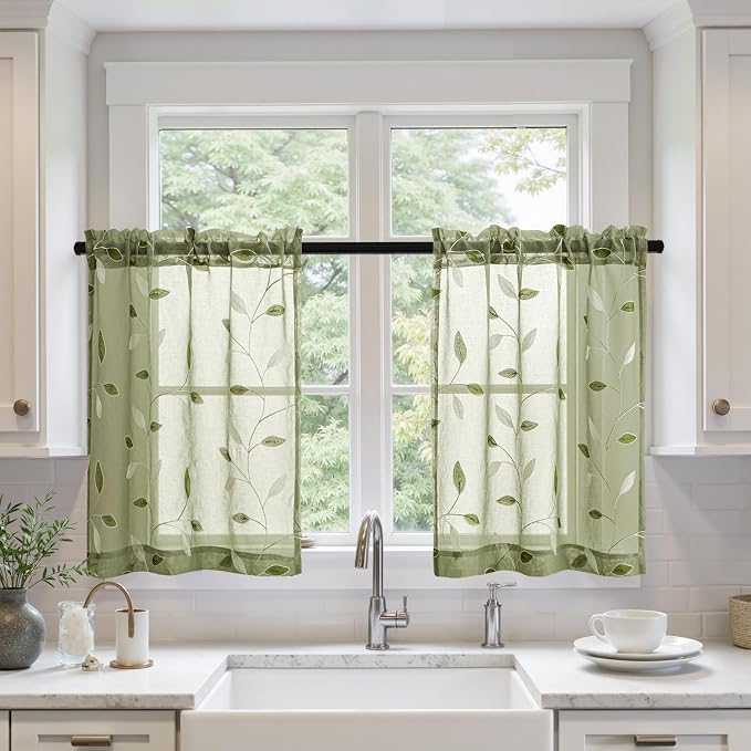 MIULEE Sage Green Sheer Curtains 2 Panels Leaf Patterned, W30 x L30 | by MIULEE