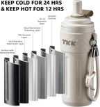 TKK 17 OZ Travel Tumbler Ceramic Lining with Straw Lid, Stainless Steel Vacuum Insulated Double Wall Coffee Tumbler, Leak Proof Iced Water Bottle with Carry Strap for Hot & Cold Drinks, Beige