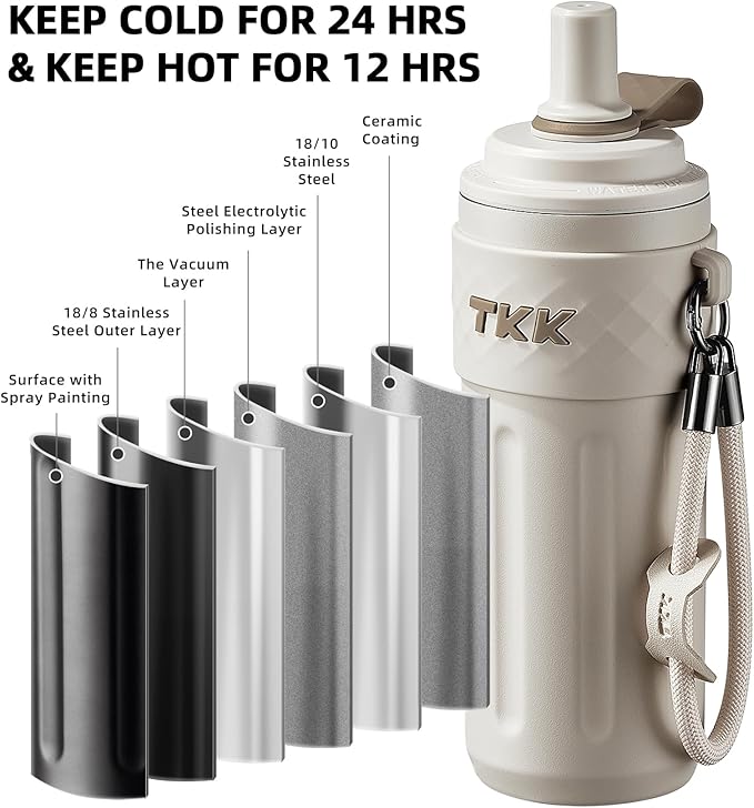 TKK 17 OZ Travel Tumbler Ceramic Lining with Straw Lid, Stainless Steel Vacuum Insulated Double Wall Coffee Tumbler, Leak Proof Iced Water Bottle with Carry Strap for Hot & Cold Drinks, Beige