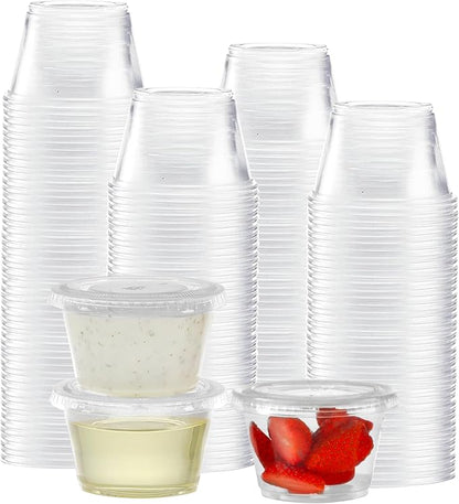 TashiBox 200 Sets - 4 oz Portion Cups With Lids, Small Plastic Containers, Airtight and Stackable Souffle Cups for Jello Shots, Sauce, Condiments, Lunch, Party, Trips