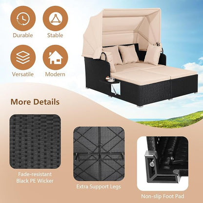 COSTWAY Outdoor Daybed with Retractable Canopy, Patio Rattan Daybed with - Image 4