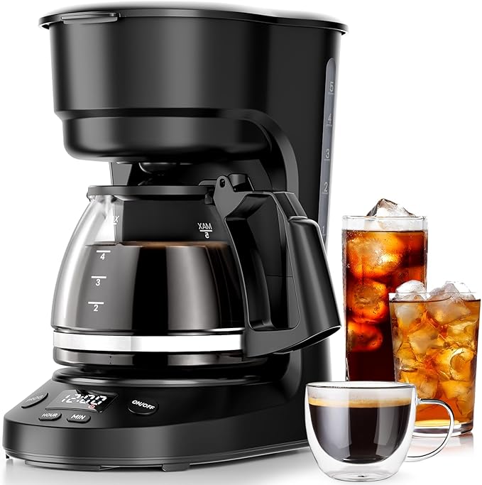 Kismile Compact Drip Coffee Maker, Anti-Drip System, 5 Cup Coffee Maker, Timer, Removable Funnel & Auto Shut-Off, Anti-Dry Protection, Perfect Small Coffee Machine for Home & Office (Black)