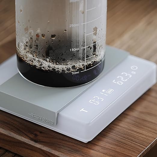 MHW-3BOMEBR Espresso Scale with Auto Timer, Rechargeable Coffee Scale for Barista, 0.1g High Precision Digital Coffee Bean Weight Scales, 0.3-2kg, Solid-liquid Detection, Auto Peeling,White ES6028W-OS