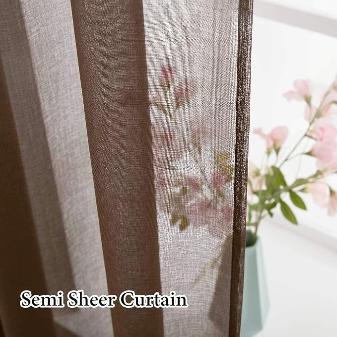 MIULEE Chocolate Brown Linen Textured Semi-Sheer Curtains 54W×72L 2 Panels | - Image 4