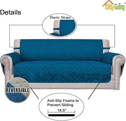 Easy-Going Reversible Couch Cover, 2 Cushion Sofa, Peacockblue/Beige | - Image 3