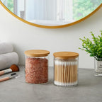 Glass Qtip Holder Dispenser with Bamboo Lid - 2 Pack Apothecary Jars - Cotton Balls Pads Swabs Holder Jar - Bathroom Vanity Canisters Jars for Countertop Storage and Organization