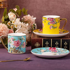 KAMMAK Tea Cups and Saucers Set of 2, Porcelain Coffee Cup with Saucer for Espresso, Cappuccino, 7.5oz Vintage Yellow and Blue Floral Ceramic Demitasse Mug for Home, Tea Party, Office