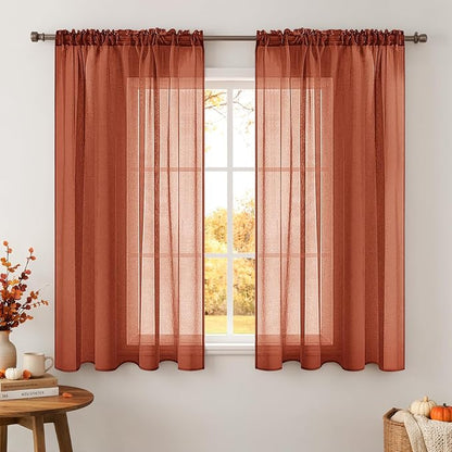 MIULEE Boho Fall Terracotta Linen Textured Sheer Curtains 42W×45L Kitchen | by MIULEE