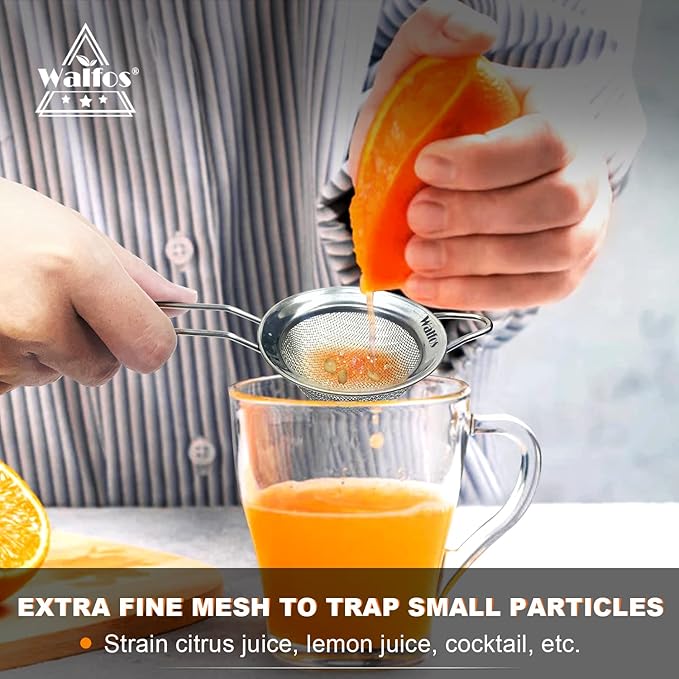 Walfos Mini Fine Mesh Tea Strainer, Stainless Steel Small Sifter with Sturdy Handle, 2.8 Inch Kitchen Metal Sieve for Tea, Coffee, Cocktail, Juice, Sugar and Spices