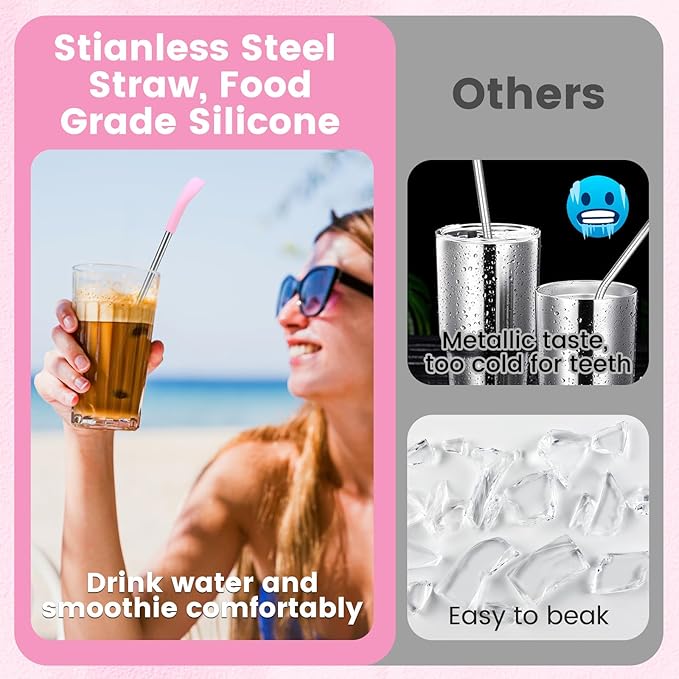 OUTXE Anti Wrinkle Straw 6 Pcs, Flat Wide Drinking Straw for Stanley& Yeti& Owala, Reusable Wrinkle Free Long Stainless Steel Metal Straw for Lip with Cleaning Brush and Carrying Bag