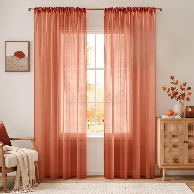 MIULEE Fall Burnt Orange Linen Textured Semi-Sheer Curtains 54W×72L | Semi by MIULEE