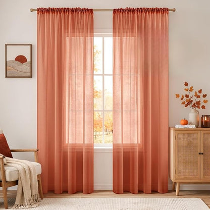 MIULEE Fall Burnt Orange Linen Textured Semi-Sheer Curtains 54W×90L | Semi by MIULEE