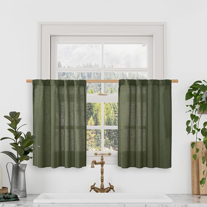 Olive Green Linen Window Sheer Curtains 30 Inches Long 2 Panels | Semi Sheer by LAMIT