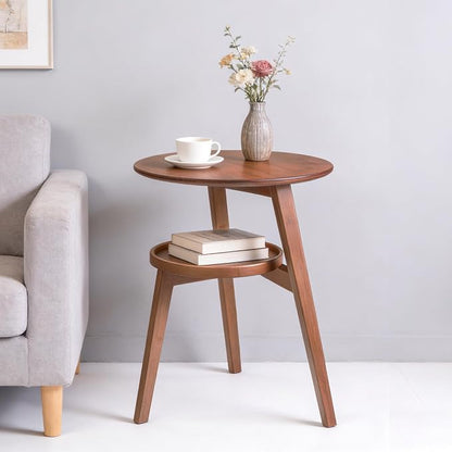 Bamboo Round Side Table, 2-Tier Small Space End Table by VELOHEIM