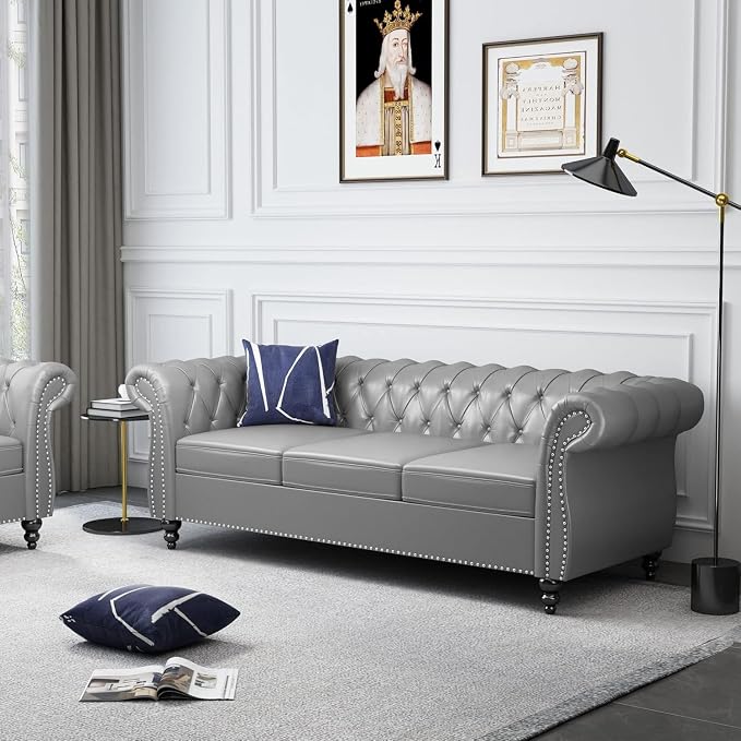 Chesterfield 3 Seater Sofa, Modern Leather Tufted Couch 3 Seater - Image 5