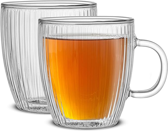 JoyJolt Fluted Glass Coffee Mugs, Double Wall Coffee Mugs. 13.5oz Clear Coffee Mug Set of 2. Latte Glasses, Glass Cappuccino Mugs, Clear Glass Coffee Mug. Ribbed Mugs