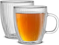 JoyJolt Fluted Glass Coffee Mugs, Double Wall Coffee Mugs. 13.5oz Clear Coffee Mug Set of 2. Latte Glasses, Glass Cappuccino Mugs, Clear Glass Coffee Mug. Ribbed Mugs