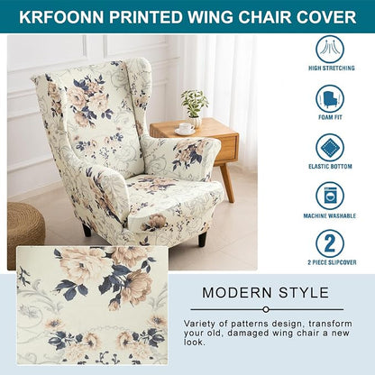 KRFOONN Velvet Wing Chair Slipcovers 2 Piece Stretch Printed Wingback Chair - Image 5