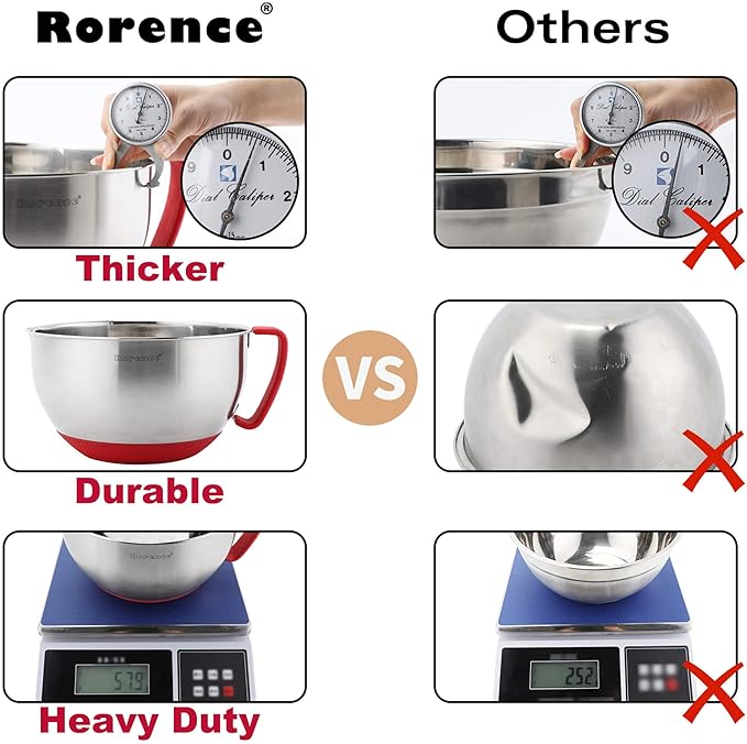 Rorence Stainless Steel Mixing Bowls: Metal Mixing Bowl Set with Lids and Handles Non-slip Silicone Bottom Nesting Bowls for Kitchen Set of 3 - Red