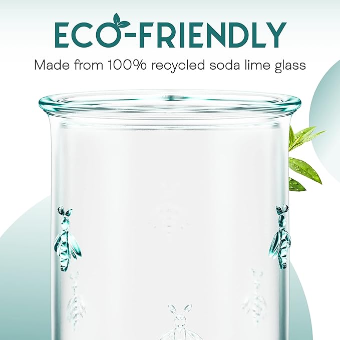 Amici Home Regina DOF Glass | 12 Oz | Italian Made, Recycled Green Glass | Drinking Glass with Embossed Bee Design for Water, Juice, Iced Tea, Cocktails (Set of 6)