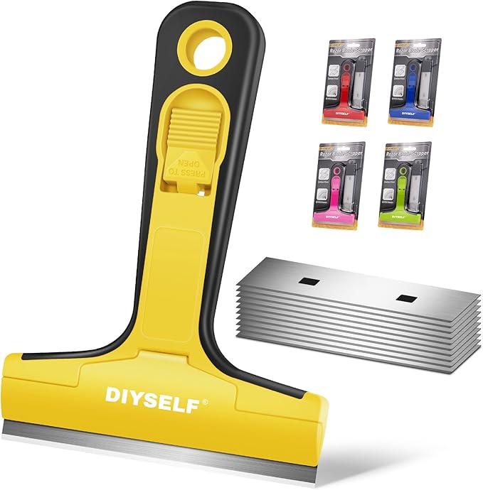 DIYSELF Razor Blade Scraper, 1 Pack Razor Scraper, 4 Inch Razor Blade Scraper Tool with 10 Extra Blades, Scraper for Cleaning, Glass Top Stove, Sticker Removal, Floor, Glass Scraper, Paint Scraper