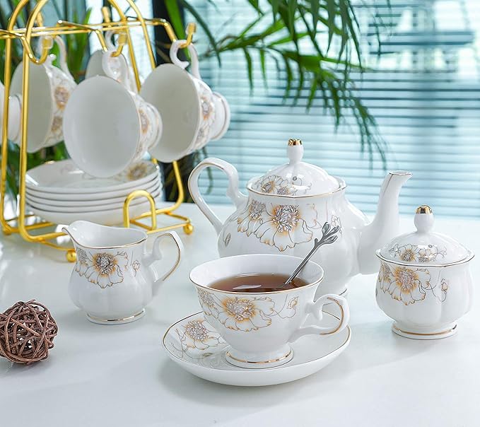 CHENP.HMC Tea Set 22-Piece Porcelain Ceramic Coffee Tea Gift Sets Cups Saucer Service for 6 Teapot Sugar Bowl Creamer Pitcher and Teaspoons (Chrysanthemum)
