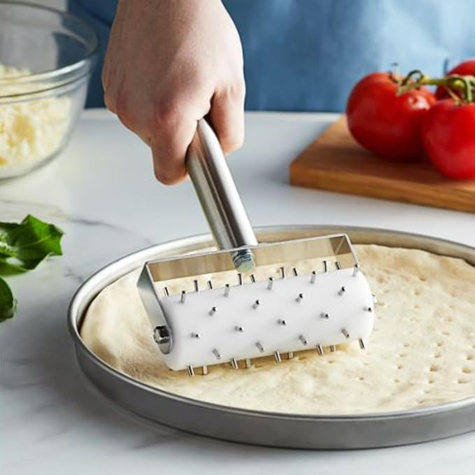 Pizza Dough Roller Docker – Stainless Steel Pizza Roller Dough Pin Puncher & Hole Maker Tool for Pie, Pastry, Cookie, Bread – Medium White