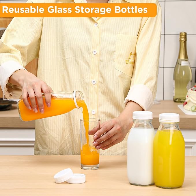Suclain 10 Pcs 16 oz Glass Juice Bottle with Lids, Clear Reusable Milk Container for Refrigerator, Airtight Heavy Duty Dispenser Drinking Jar for Beverage, Oat, Honey Storage Supply