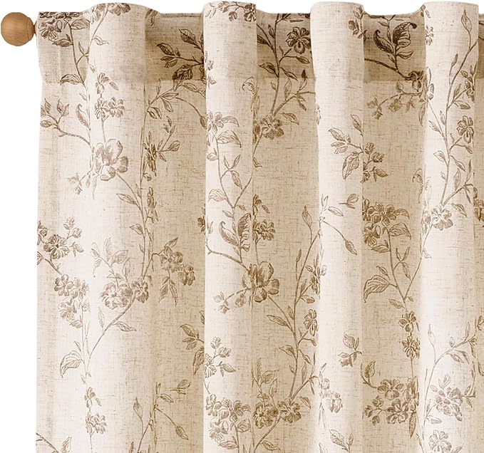 Taupe Vintage Floral Linen Curtains Farmhouse 38W X 63L 2 Panels | Elisa Series by Lazzzy