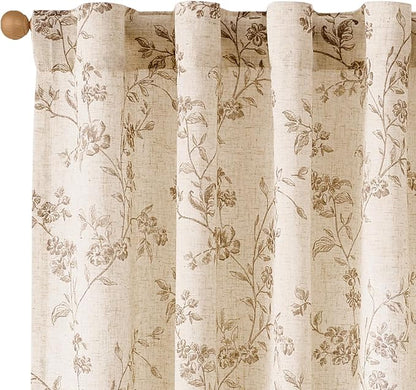 Taupe Vintage Floral Linen Curtains Farmhouse 38W X 63L 2 Panels | Elisa Series by Lazzzy