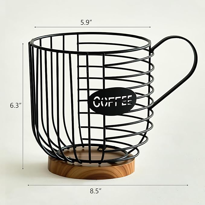Coffee Pod Holder,Bar Accessories - Espresso Pod Holder - Large Capacity Black Wire Coffee Basket With Wooden Base