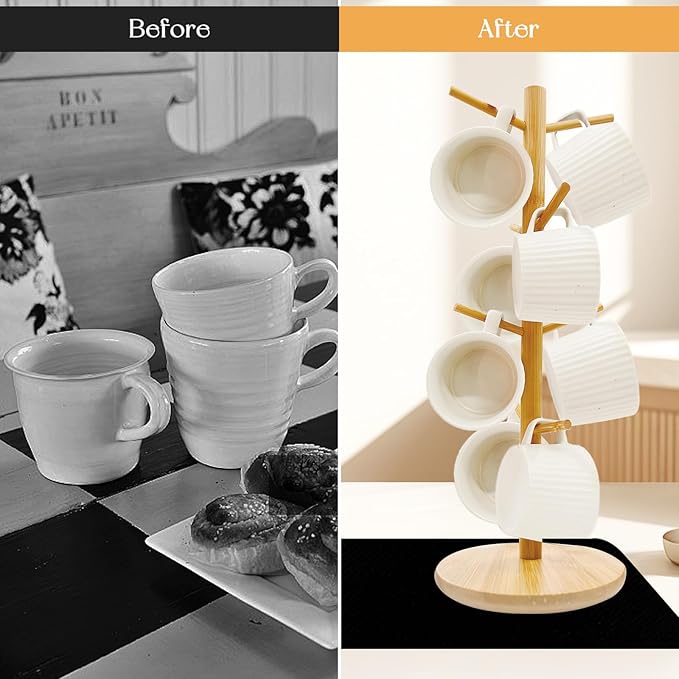 SNAIL GARDEN Wood Coffee Mug Holder With 8 Hooks, Cup Stand With Drying Mat, Tree Hanger Rack for Counter, Bar Accessories and Decor, Station Organizer