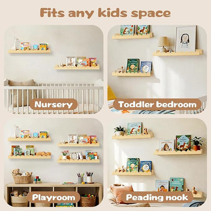 Nursery Floating Shelves for Kids Room, 2 Pack 23.6 Inch Natural Wood Wall - Image 6