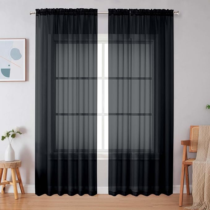 Simplebrand Black Sheer Curtains 84 Inches Long, Light Filtering Rod Pocket by Simplebrand