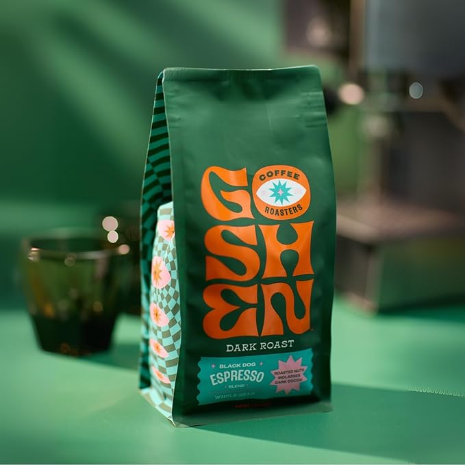 Goshen Coffee Roasters Whole Bean Black Dog Espresso Blend | Dark Roast, Espresso or Brewed | Award-Winning, Natural and Washed | Roasted Nuts, Molasses, Dark Cocoa Flavors | 12 Oz Bag