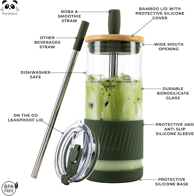 Pandaloo® Glass Cups With Lids and Straws -20 Fl Oz- Perfect Size Iced Coffee Cup - Smoothie Cup With Bamboo Lid and On the go Lid - Glass Tumbler With Straw (1 Count (Pack of 1), Mediterranean Olive)