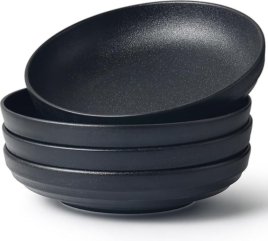 HAPPY KIT 9'' Large Pasta Bowls Stoneware Reactive Glaze, 42 Oz Large Salad Bowls Set of 4, Serving Bowls, Microwave Dishwasher Safe, Matte Black
