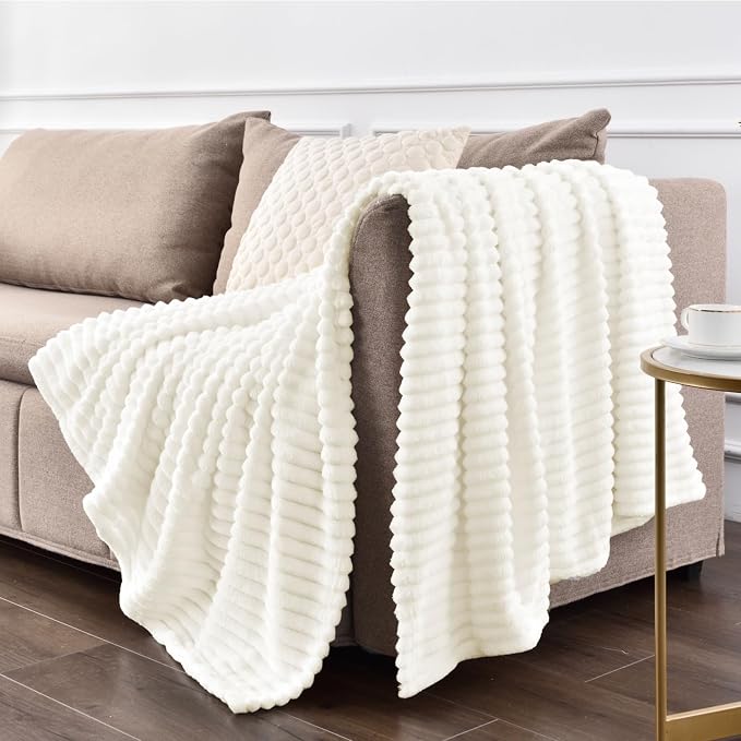 BEDELITE Ribbed Jacquard Cream Fleece Throw Blanket - Image 7
