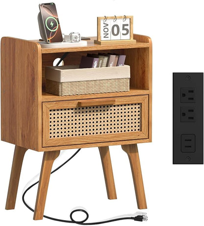 Lerliuo Rattan Nightstand with Charging Station, Side Table with Drawer by Lerliuo