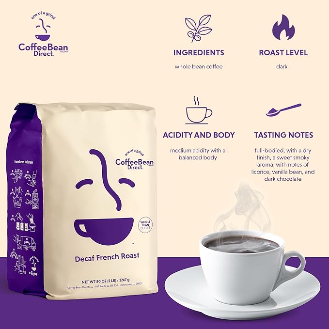 Coffee Bean Direct Decaf French Roast, Whole Bean Coffee, Dark Roast, 5 Pound Bag (Pack of 1)