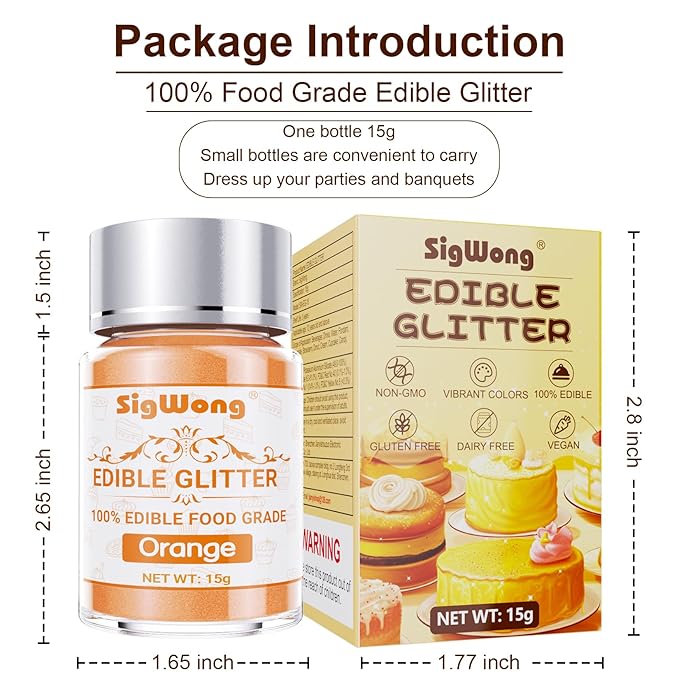 Orange Edible Glitter - 15g Food Grade Luster Dust Powder, Cake Decorating Sprinkle Glimmery Dust for Drinks, Wine, Fondant, Chocolate, Candy, Cookie, Vegan