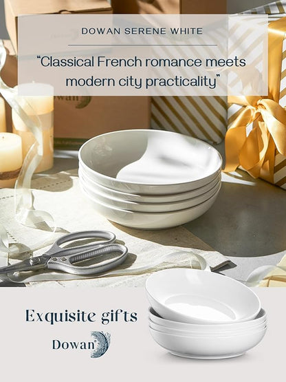 DOWAN 8.5" Pasta Bowls Set of 4, 30oz White Ceramic Shallow Dinner Bowls for Salad, Soup & Pasta, Stackable and Easy to Clean, Ideal for Everyday Use & Housewarming Gift(Soft White)