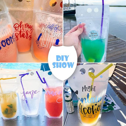 50 Pcs Drink Pouches, Juice Pouches for Adults, Reusable, Reclosable Zipper Smoothie Bags for Cold & Hot Drinks with 50 Straws & Silicone Funnel